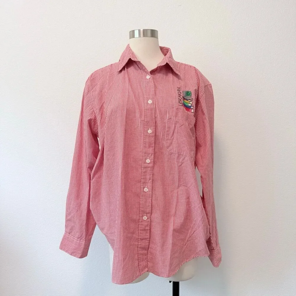 Las Olas VTG Librarian Plaid Gingham Checkered Button Down Top Large Red